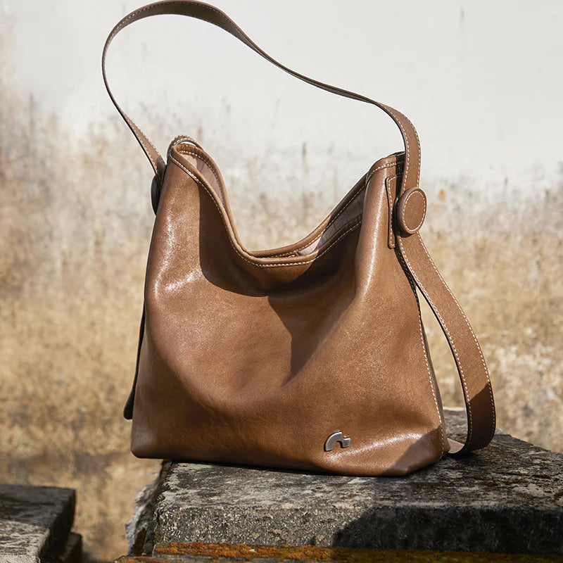 Nalandu Vintage Leather Slouchy Tote Bag - Brown