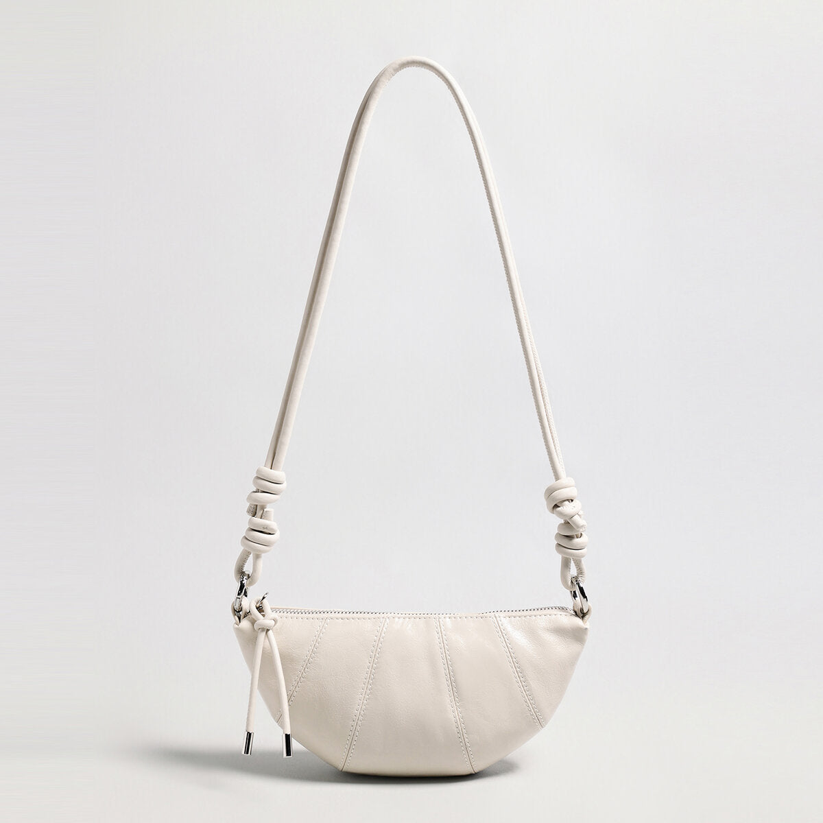 Oil-Wax Leather Crescent Shoulder Bag - Ivory