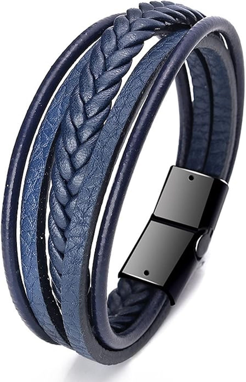 Stephen Oliver Black Plated Navy Multi Layer Leather Bracelet