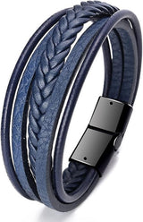Stephen Oliver Black Plated Navy Multi Layer Leather Bracelet