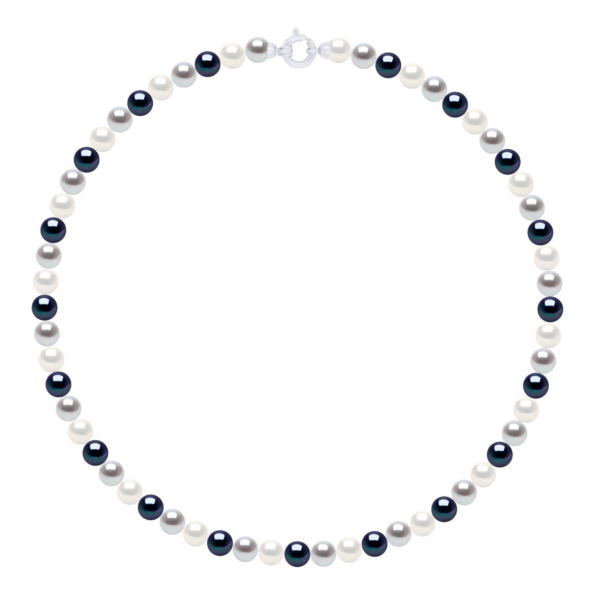 Necklace Row "Princess" of Real Cultured Freshwater Pearls Round 6-7 mm - Natural White + Pearl Grey + Black Tahit - Length Necklace 42 cm