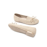 Bow Hollow Mesh Knit Round Toe Low Heel Flats - Beige