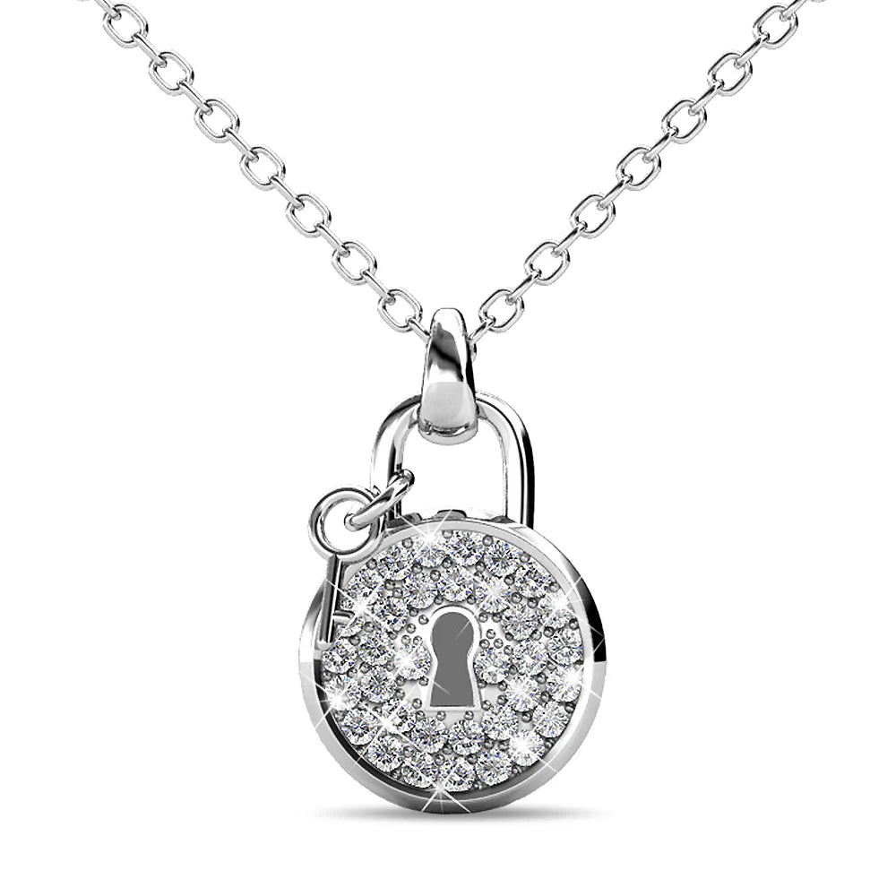 Krystal Couture White Gold Pave Set Padlock Necklace Embellished with SWAROVSKI Crystals