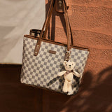 Nalandu Vintage Checkered Large Capacity Shoulder Tote Bag - Khaki