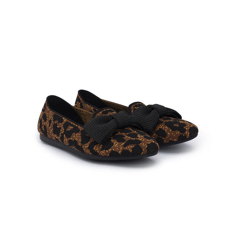 Bow Detail Round Toe Knit Flat Loafers - Leopard