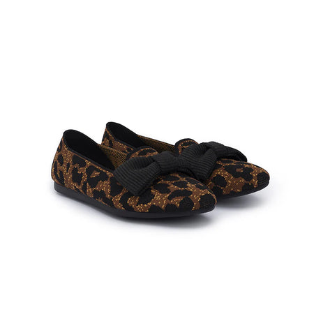 Bow Detail Round Toe Knit Flat Loafers - Leopard