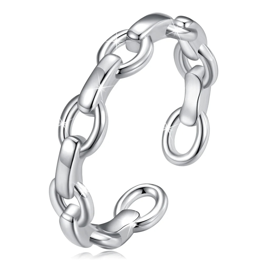 Adjustable Solid 925 Sterling Silver Chain Link Open Cut Ring