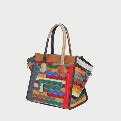 Multicolor Patchwork Leather Trapeze Tote Bag - Rainbow