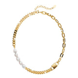 Bullion Gold Paperclip Cuban Chain Link Pearl Necklace in Gold