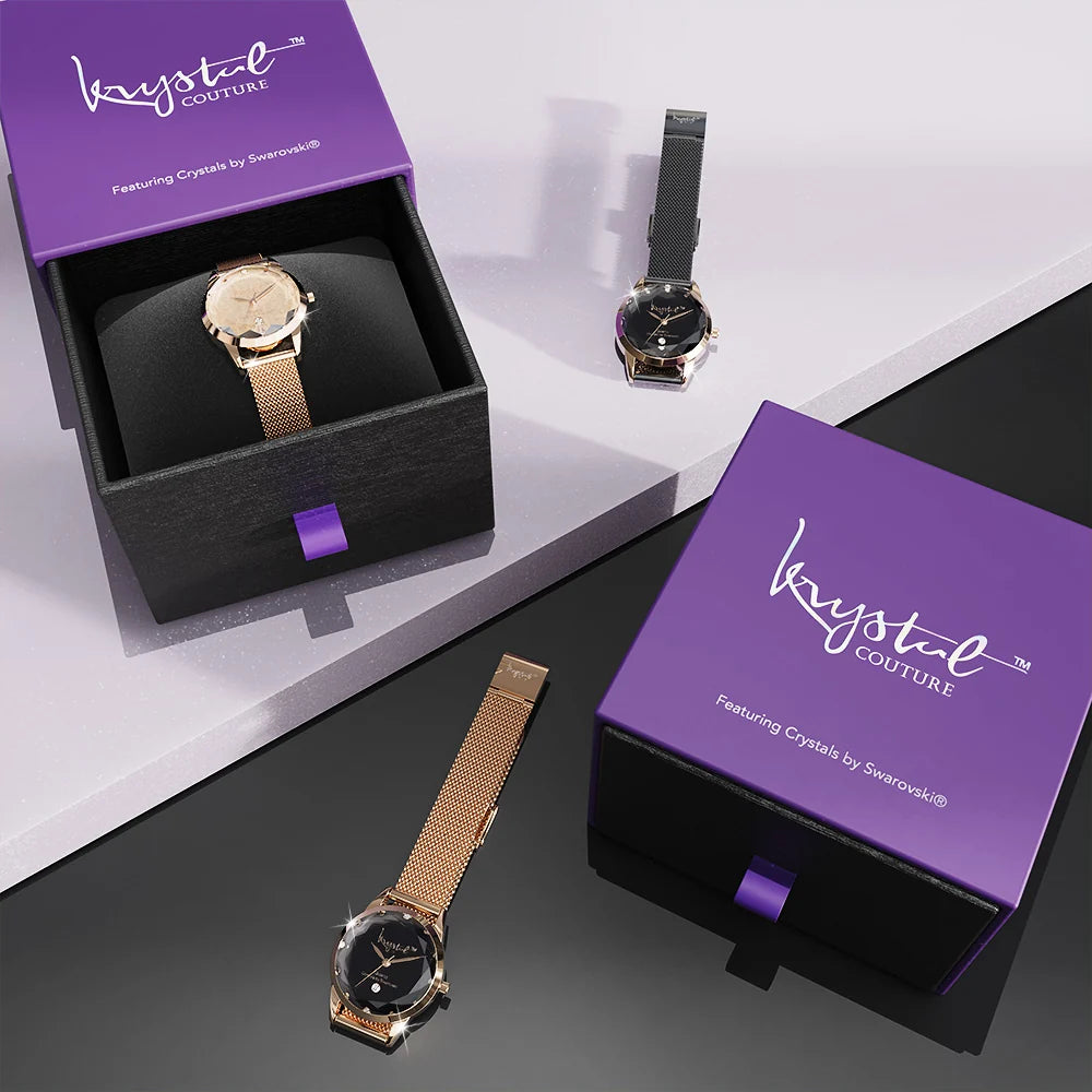 Krystal Couture Krystalline Sleek Rose Gold Black Watch Embellished with SWAROVSKI® Crystals