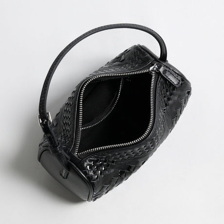 Hand-Woven Sheepskin Leather Cylinder Bag - Black