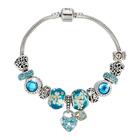 Pandora Inspired Full Set Beaded Charm Bracelet -  Silver/Blue