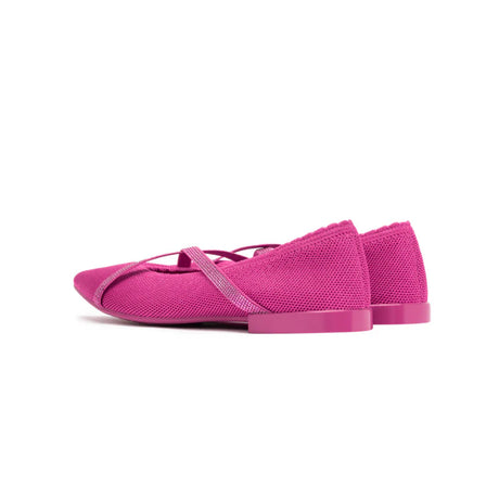 Rhinestone Cross Strap Pointed Toe Knit Flats - Rose
