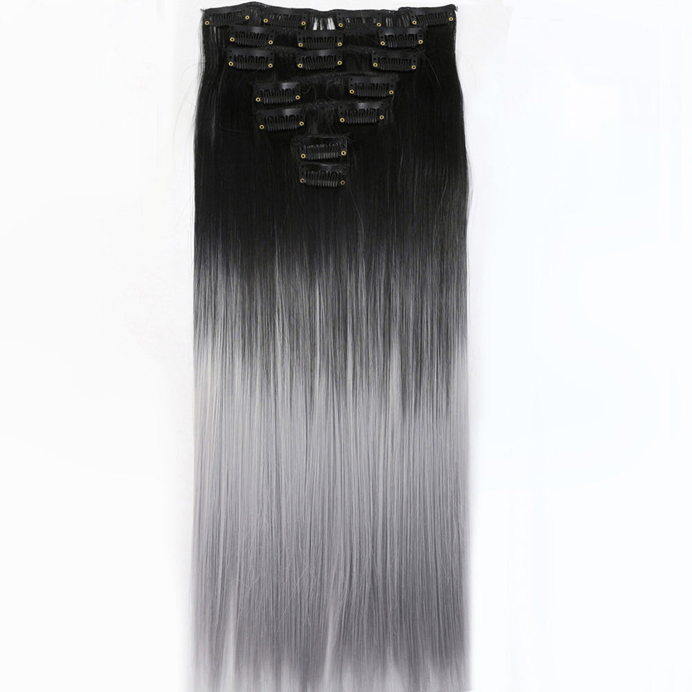 Two Tone Ombre High Grade Black Silver Hair 17Piece 16Clips 22" Hair Extension