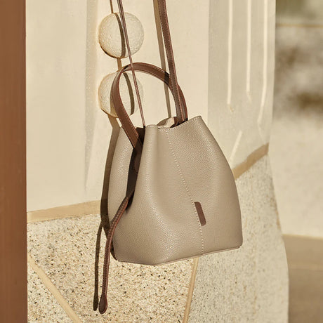 Nalandu Soft Pebbled Leather Bucket Shoulder Bag - Taupe
