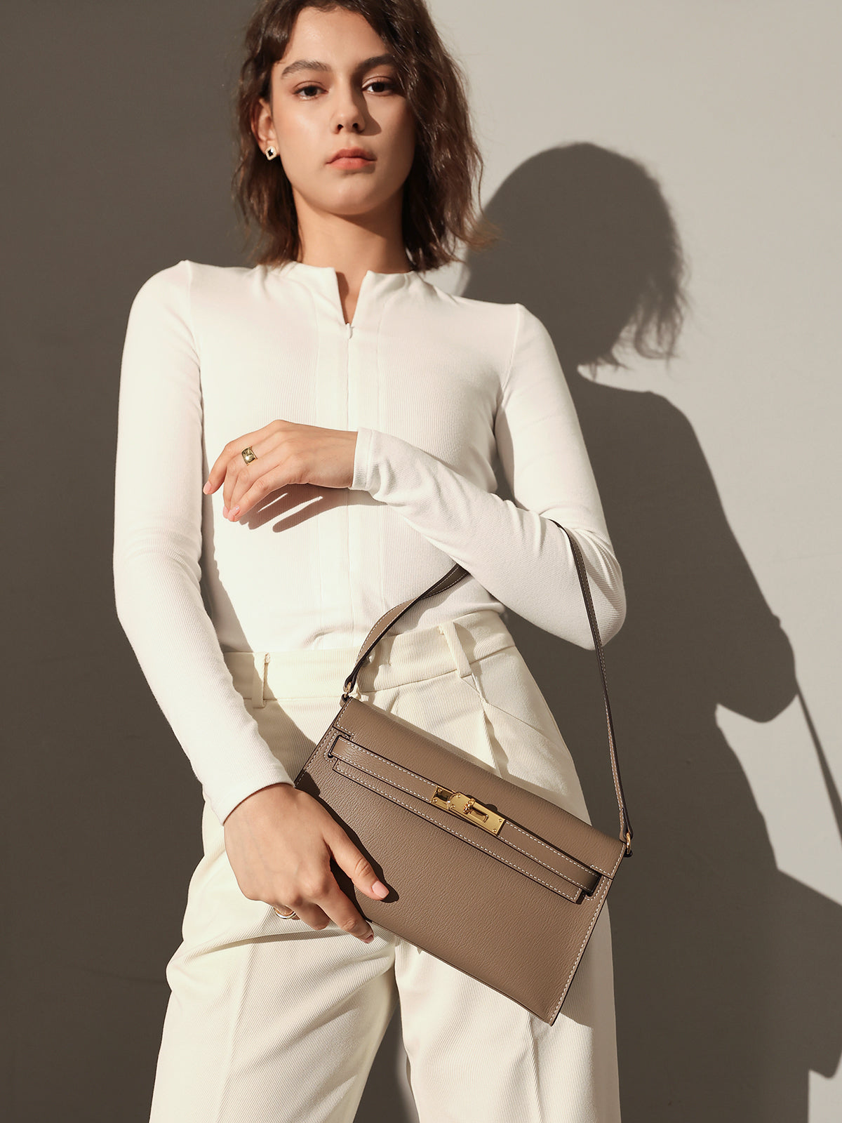 Camille Palm-Grain Calfskin Shoulder Bag - Taupe