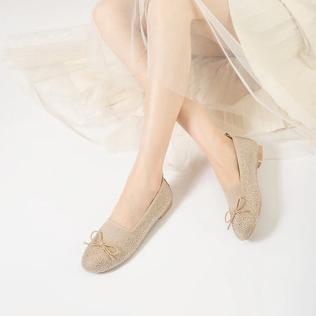 Rhinestone Bow Knit Round Toe Ballet Flats - Champange