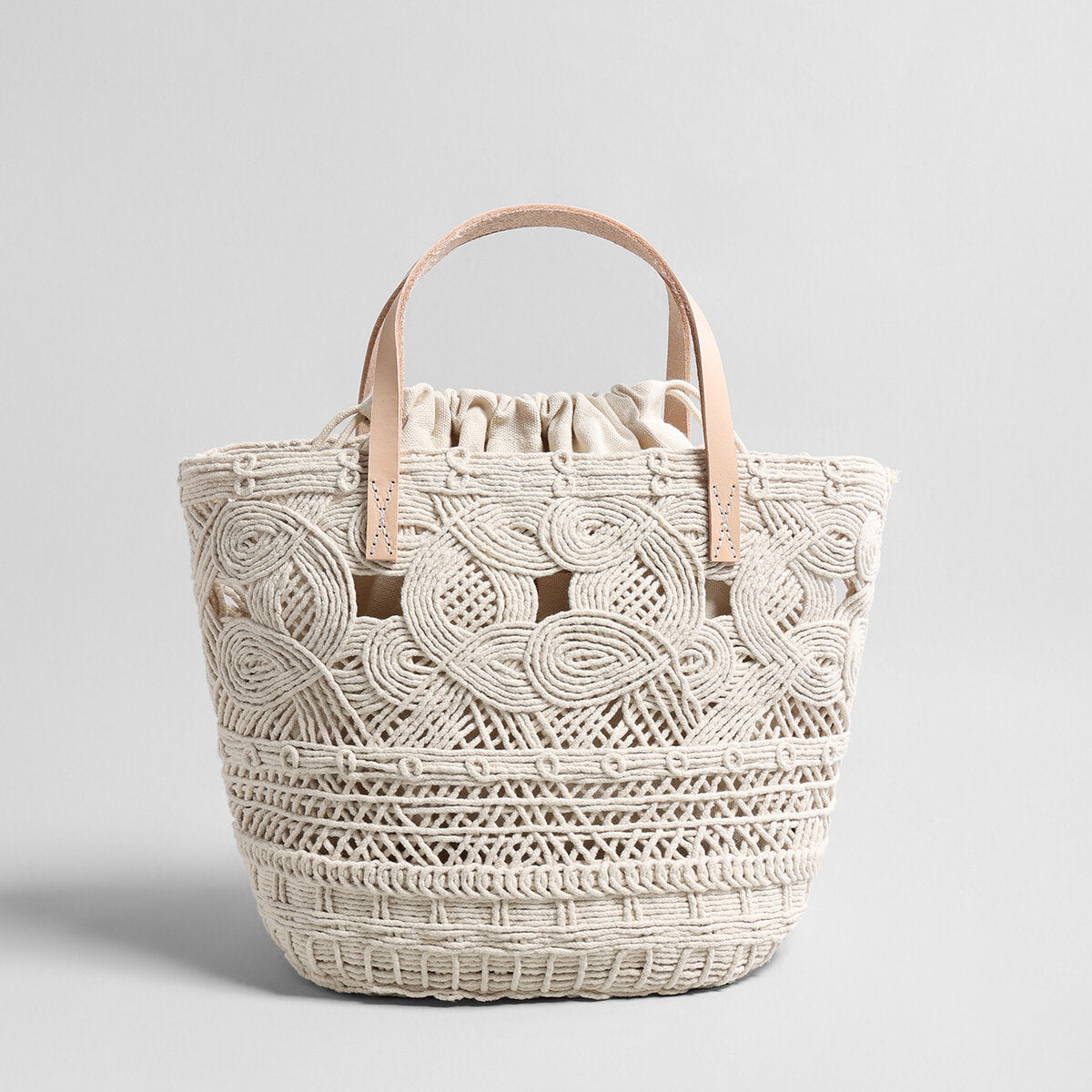 Multi-Pattern Macrame Basket Tote - Ivory