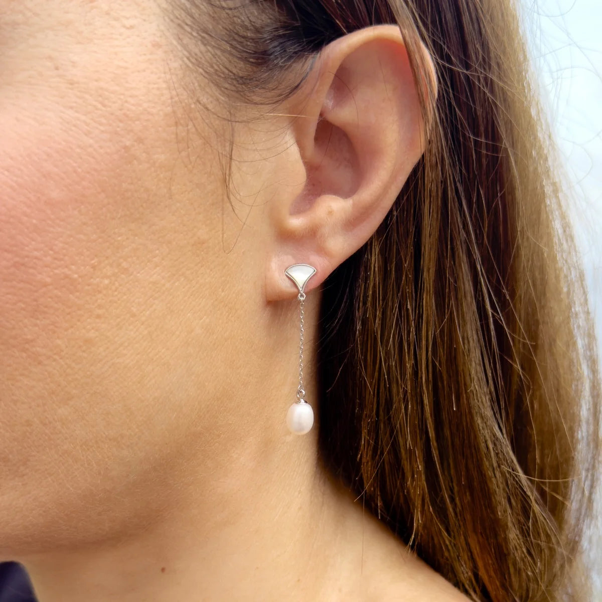 Drop Drop Earrings Freshwater Pearl White 6-7mm Curb Chain