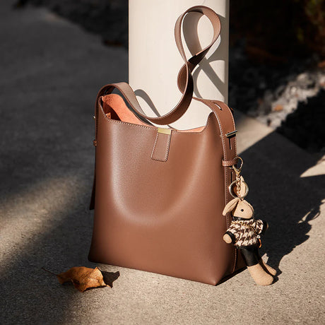 Nalandu Natalia Rabbit Charm Leather Work Tote Bag - Coffee