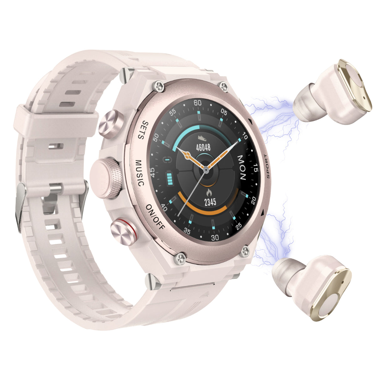 2 in 1 Bluetooth Smart Watch TWS Wireless Earphones 1.28" 9D Touch Screen BT 5.0 - Gun Pink
