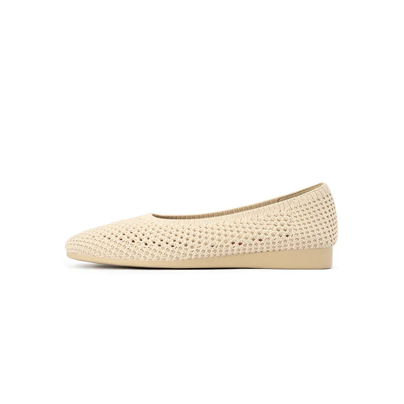 Heart Mesh Knit Square Toe Wedge Flats - Beige