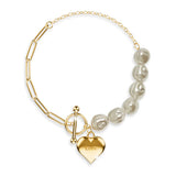 Bullion Gold Pearl Paper Clip Chain Heart Gold Layered Stainless Steel Bracelet