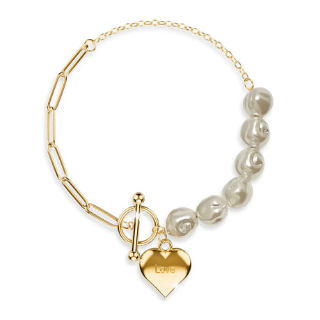 Bullion Gold Pearl Paper Clip Chain Heart Gold Layered Stainless Steel Bracelet