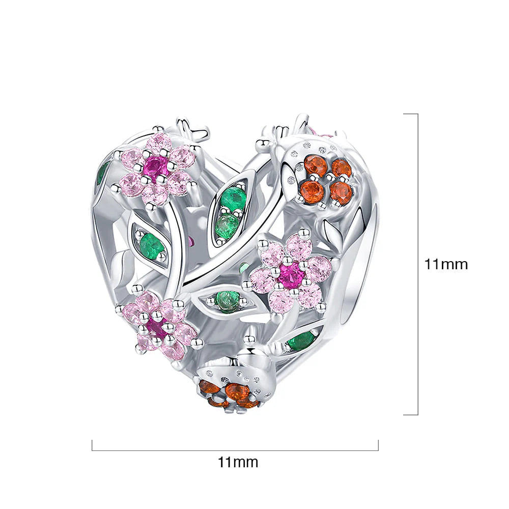 Solid 925 Sterling Silver Heart Colourful Floral Flower Pandora Inspired Charm