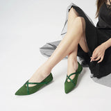 Rhinestone Cross Strap Pointed Toe Knit Flats - Green