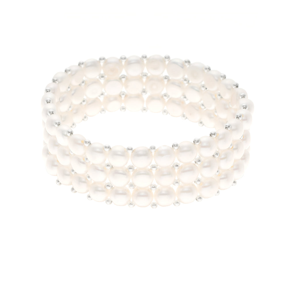 Bracelet 3 Rows of Real Freshwater Pearls - Natural Pearl White - Length adjustable from 14 to 18 cm