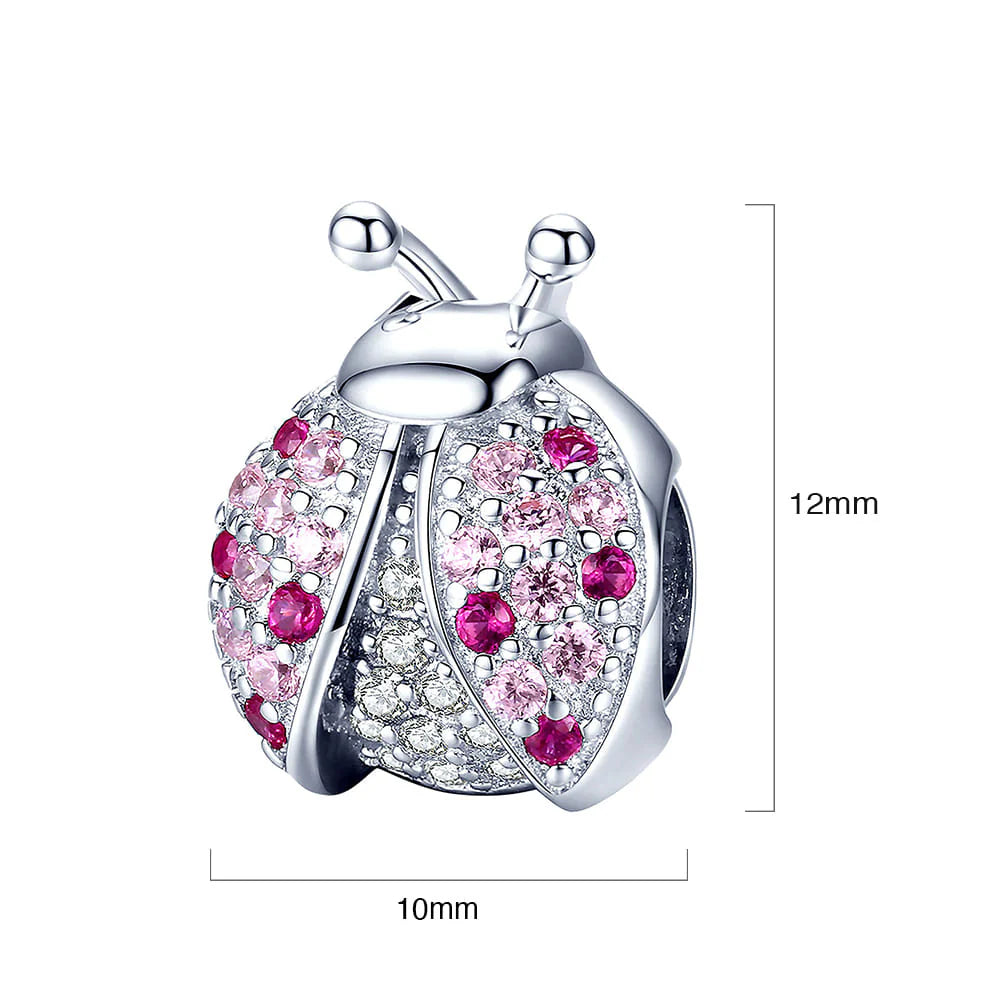 Solid 925 Sterling Silver Pink Beetle with CZ Charm
