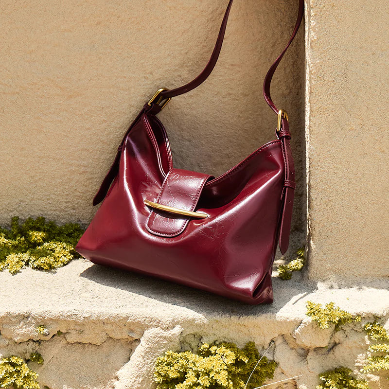 Nalandu Luxe Glossy Hobo Shoulder Bag - Wine