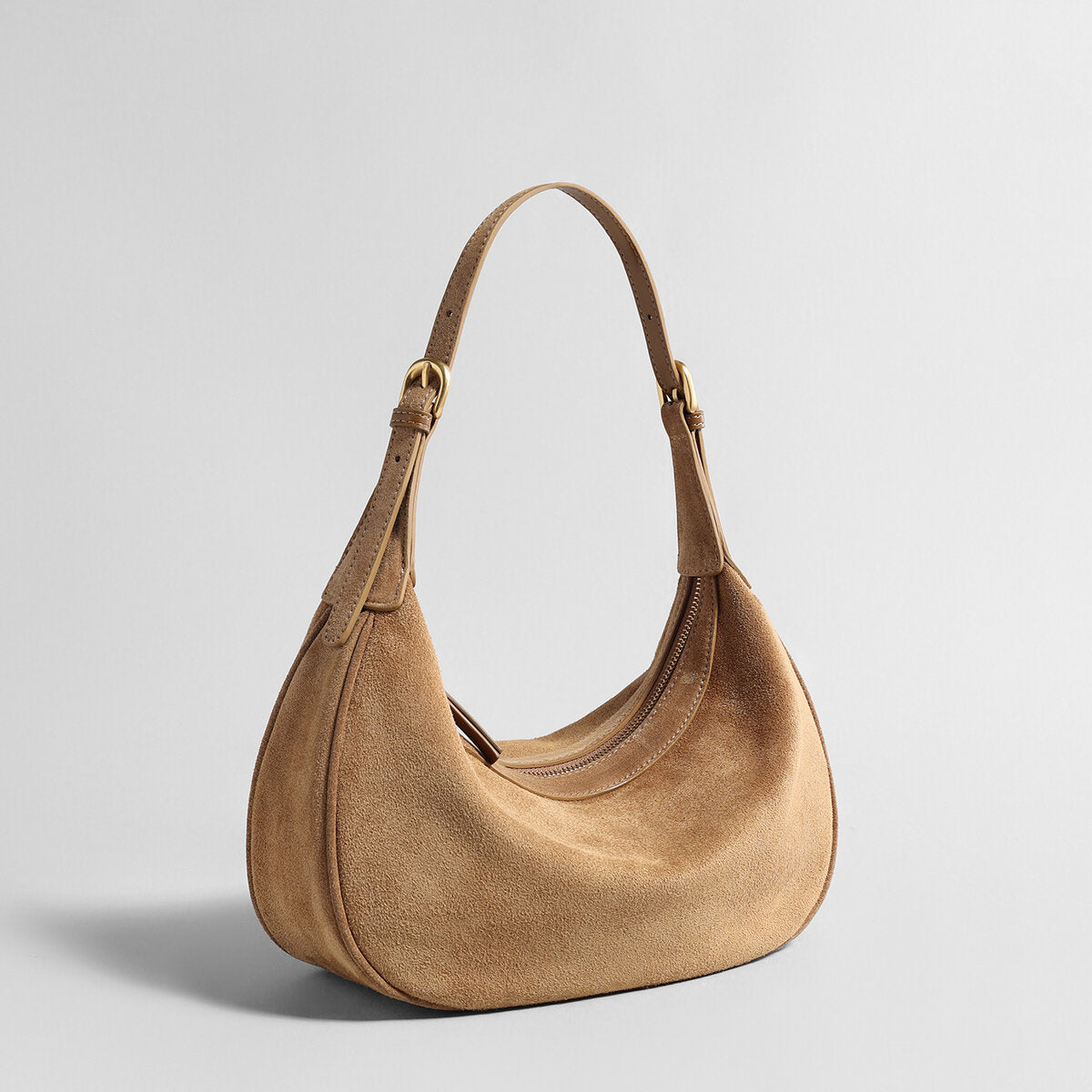 Suede Leather Crescent Hobo Bag - Camel