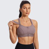 Zip Front Large Padded High Impact Sports Bra - Mocha