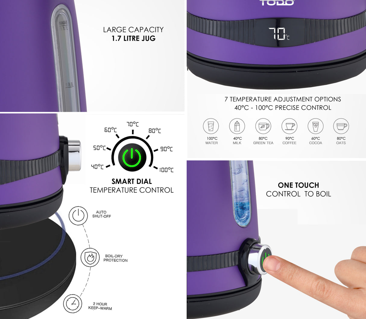 TODO 1.7L Stainless Steel Cordless Kettle Keep Warm Electric Led Water Jug - Purple