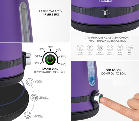 TODO 1.7L Stainless Steel Cordless Kettle Keep Warm Electric Led Water Jug - Purple