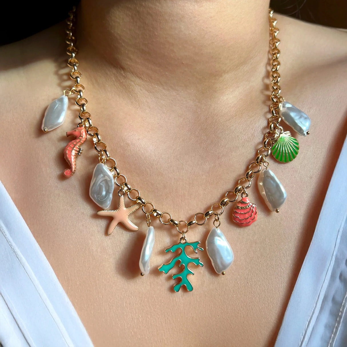 Bullion Gold Beaded Summer Sea Charm Gold Necklace
