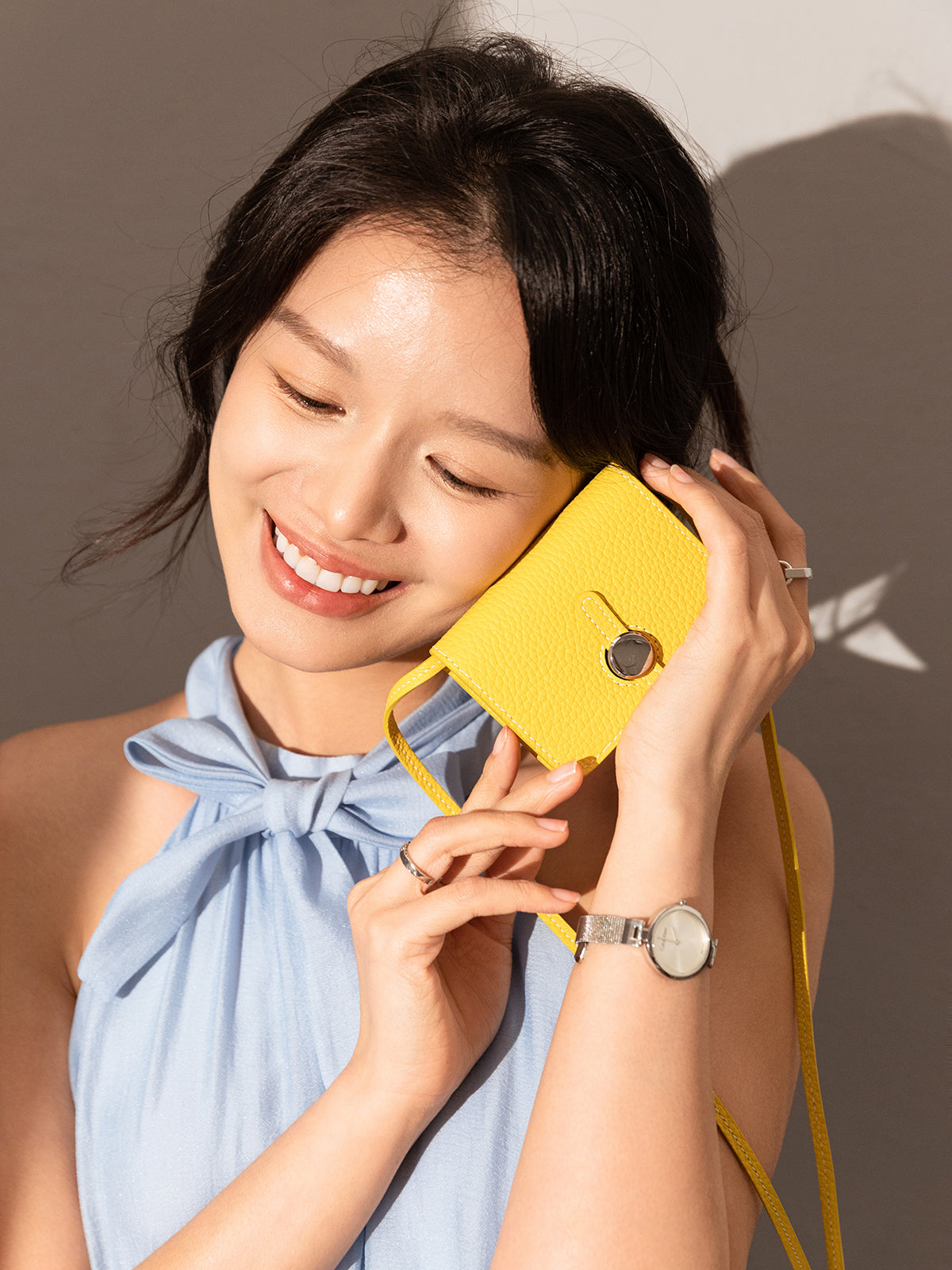 Slim Leather Wallet with Detachable Strap - Yellow