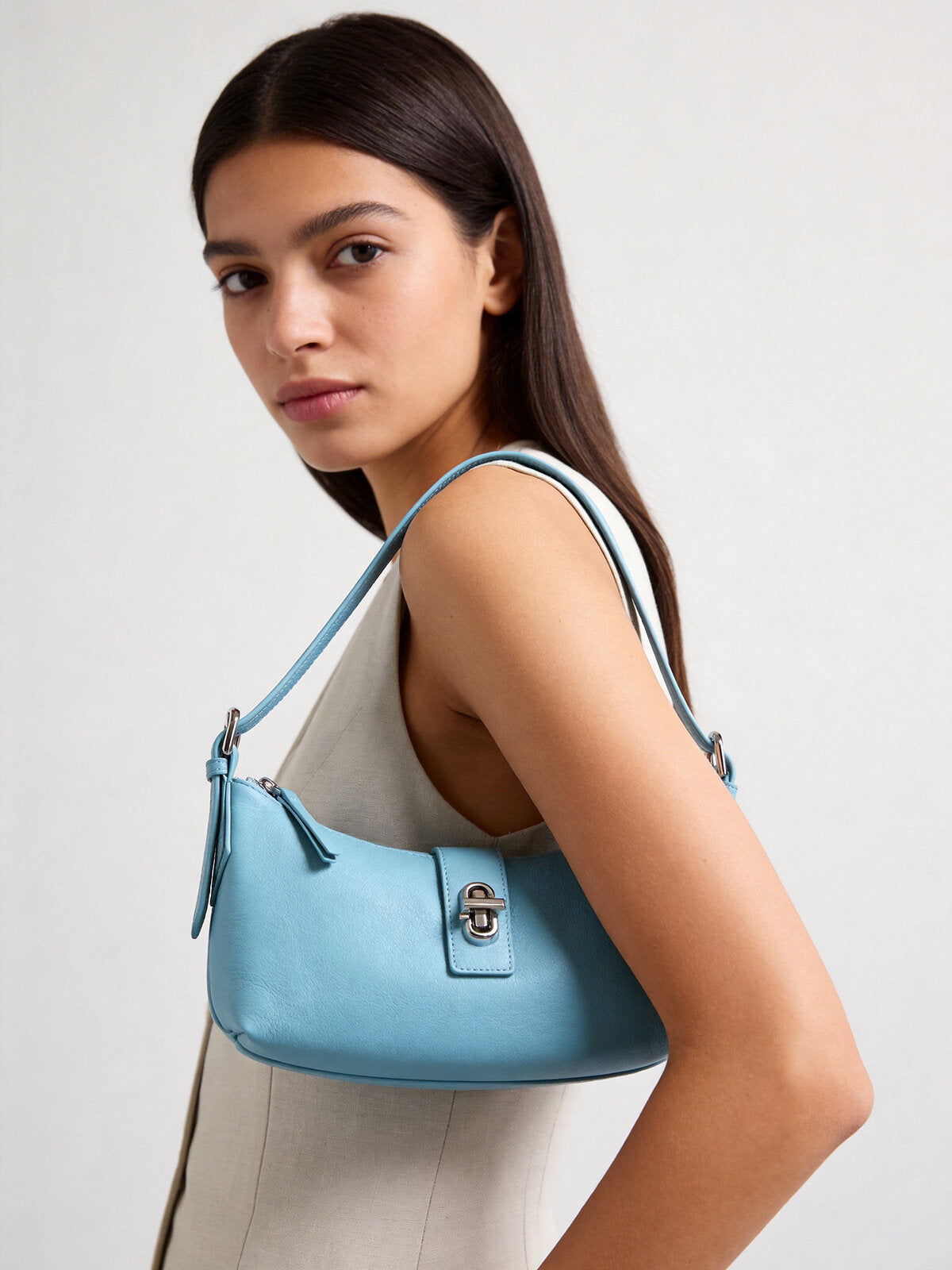 Turn-Lock Crescent Baguette Bag - Blue