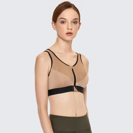 Full Length Zip Front Wireless Racerback Sports Bra - Nude