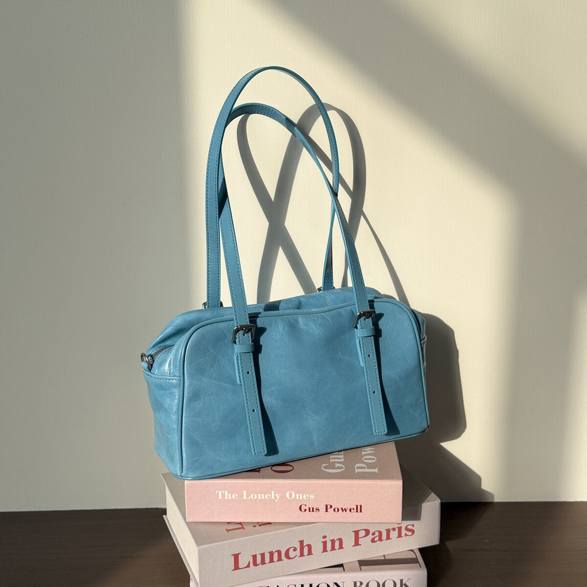 Oil-Wax Leather Boston Bowling Shoulder Bag - Blue