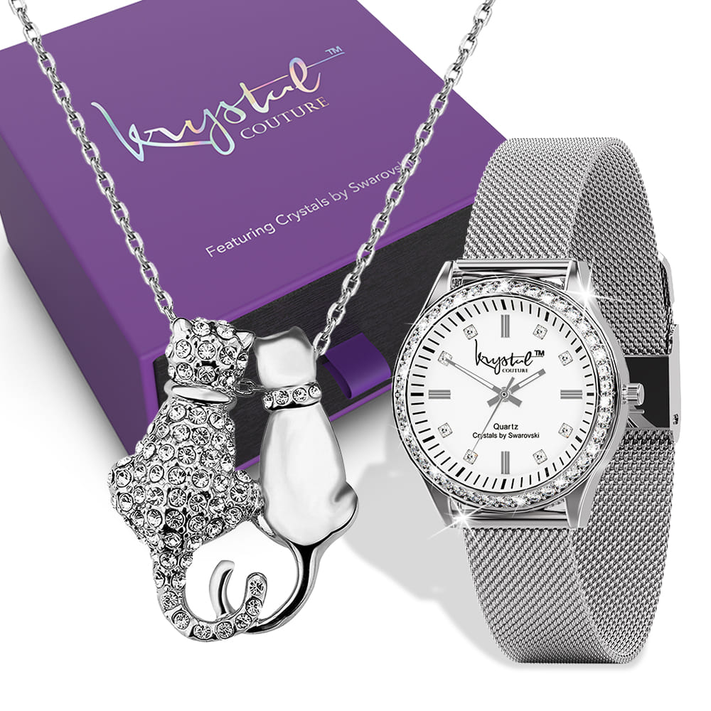 Tabby Boxed Lux White Gold Watch & Feline Necklace Set