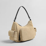 Suede Multi-Pocket Hobo Bag – Contrast Leather Shoulder & Crossbody Bag