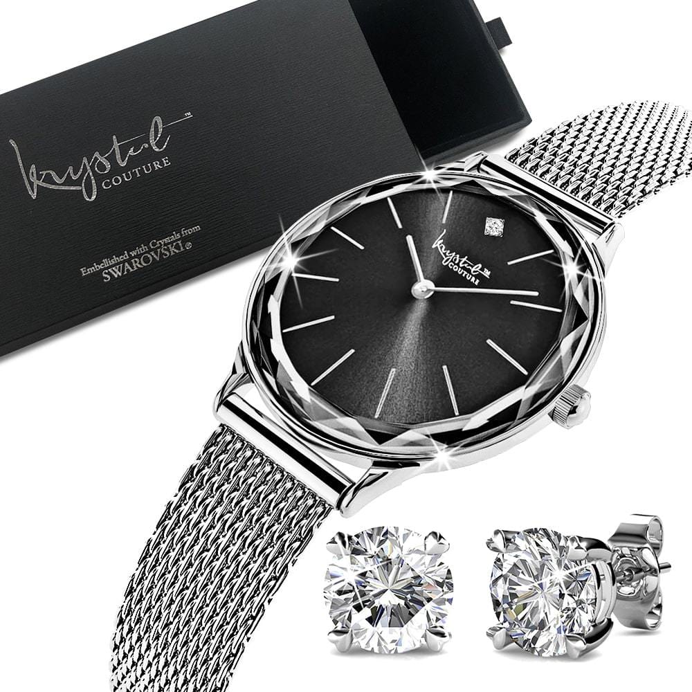 Boxed of Krystal Couture Mineral Glass Watch & Earrings Embellished with Crystals from SWAROVSKI® Set in White Gold