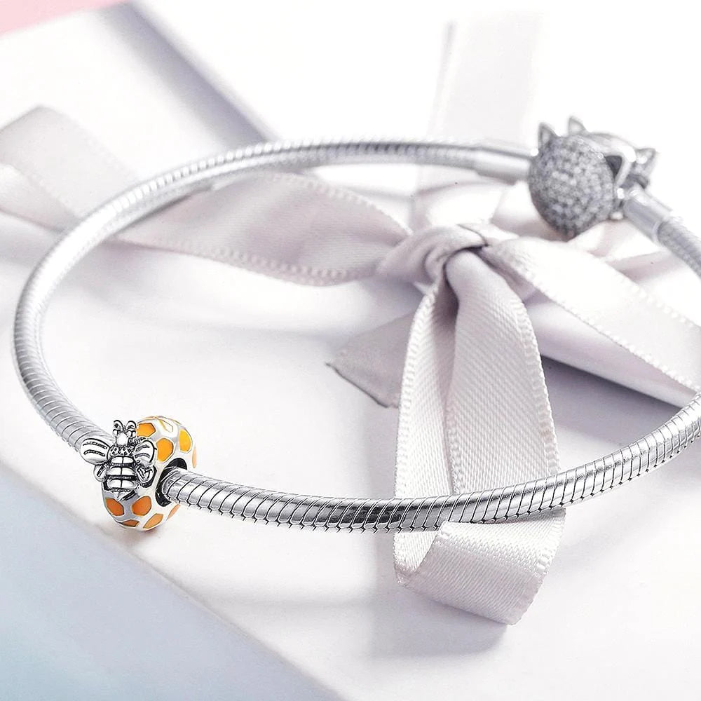 Solid 925 Sterling Silver Black and White Bee Honey Charm