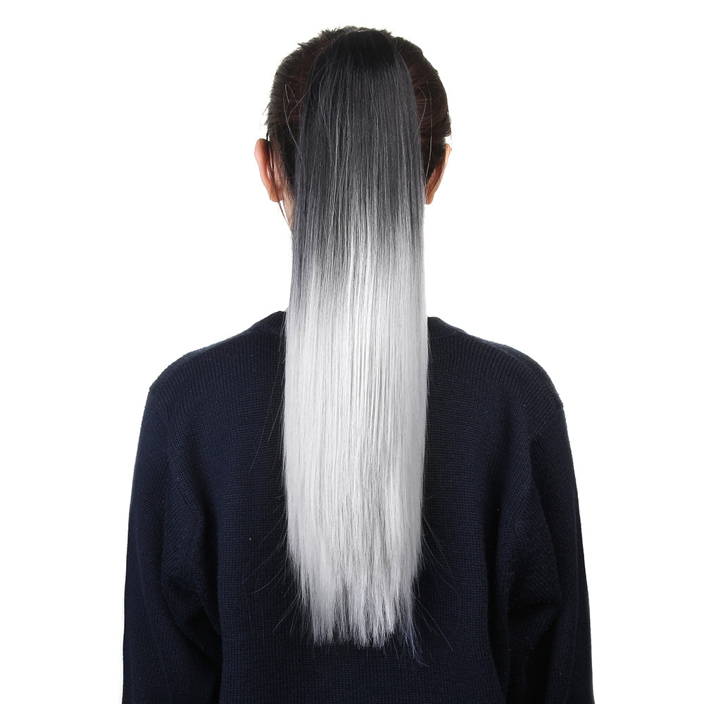 2Pcs Two Tone Ombre High Grade Silver Gray Straight Clip On Pony Tail 24" Hair Clamp11 2X