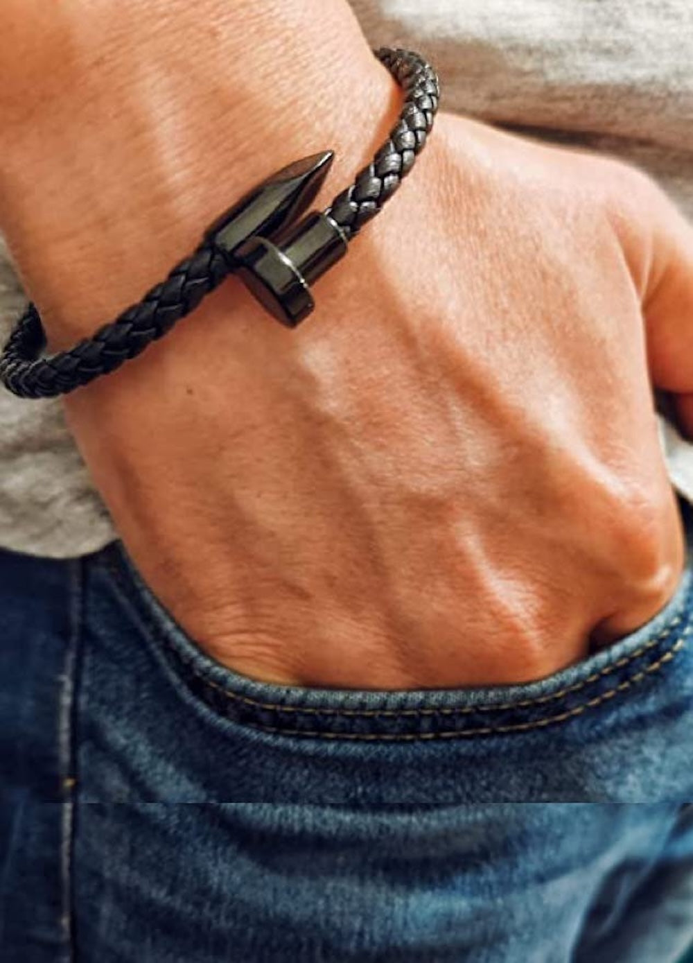 Stephen Oliver Black Plated Leather Nail Bangle