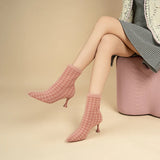 Pointed Toe Stiletto Heel Stretch Ankle Boots - Pink