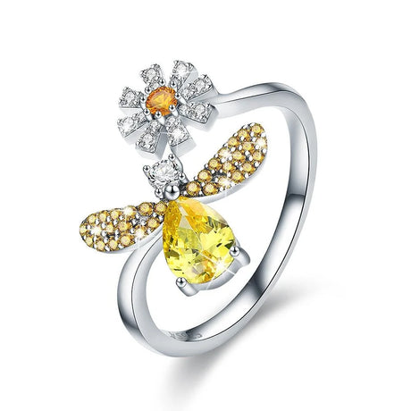 Adjustable Solid 925 Sterling Silver Darling Bee Daisy Ring